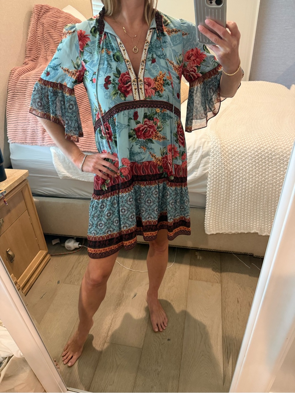 Alice + Olivia Floral Paisley Boho Bell Sleeve Mini Dress